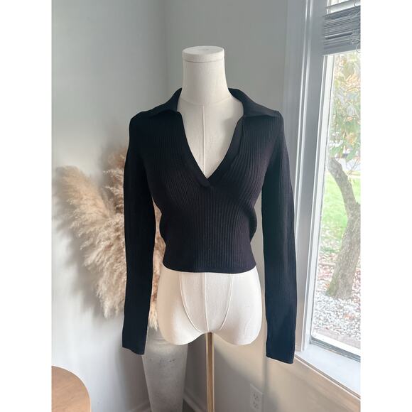 Babaton Black Ribbed Sculpt Knit Polo Long Sleeve Crop Sweater Small Collared - Picture 2 of 10